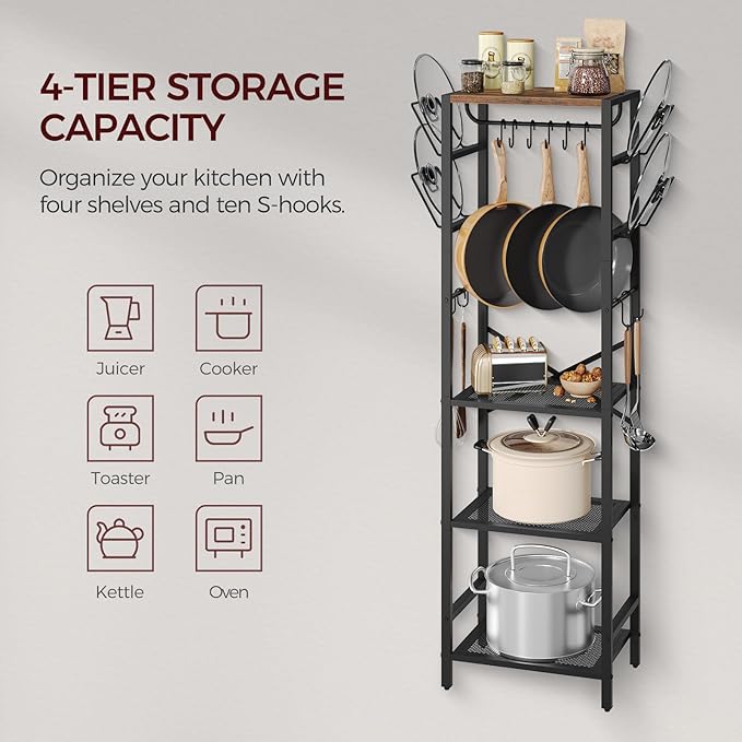 4-Tier Pot Rack, Pots and Pans Organizerand for Kitchen, Lid Organizer Rack with U-Shaped Lid Holders, Kitchen Storage Shelf for Standing Cookware, Rustic Brown and Black POHR3001