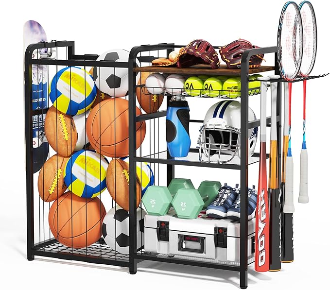 Garage Sports Equipment Organizer, Ball Storage for Gear and Toys, Large Capacity, Sports Organizer for Garage with Hooks and Baskets