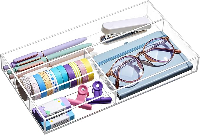 Acrylic Desk Drawer Organizer 11 x 6.1 x 1.38 Inch Storage Tray Organizer for Pens, Stationery, Desktop, Office, Bathroom, Kitchen, Makeup Supplies(4 Compartments, Clear)
