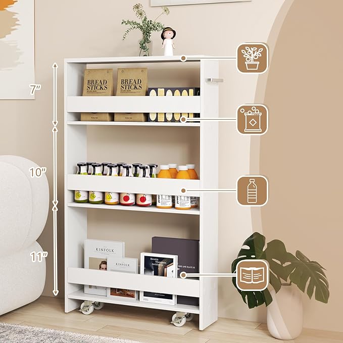Slim Rolling Storage Cart, 4 Tier Narrow Kitchen Cart with Wheels, Between Washer and Dryer Cart, Wood Shelving Unit Organizer w/Handle for Small Spaces (White, 5-Inch)