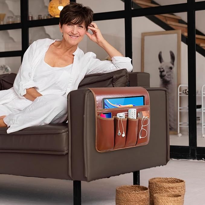 Non-slip Couch Organizer Armchair Caddy, Artificial Leather TV Remote Control Holder Bedside Caddy with 5 Pockets for Key Glasses Phone Magazine Holders.