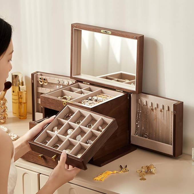 Black Walnut Wooden Jewelry Box, Wood Jewelry Organizer with 2 Side Doors Mirror Lockable Classical Style for Watch Necklace Ring Earring Storage Christmas Gifts-4 Layer