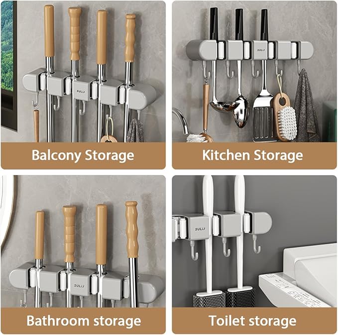 2Pcs Broom Holder Wall Mount, No-Drilling Self-Adhesive Mop and Broom Storage Rack (4 Racks with 5 Hooks),Wall-Mounted Broom Hanger for Bathroom, Kitchen, Closet, Garage, Grey