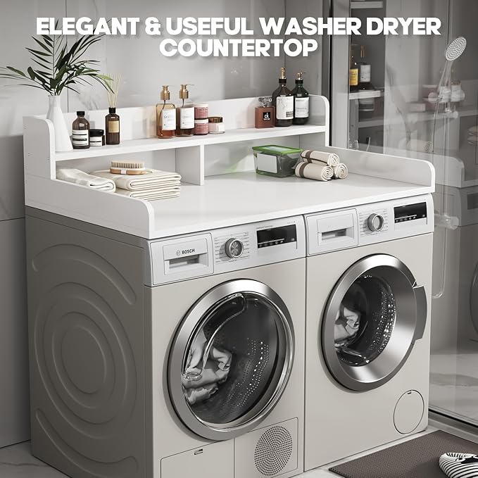 2-Tier Washer and Dryer Countertop with 2.75" H Guard,54" W x 27.5" D Laundry Countertop Cover with Non-Slip Pad,Large Space Laundry Topper for Folding Clothes Over Washer and Dryer-White