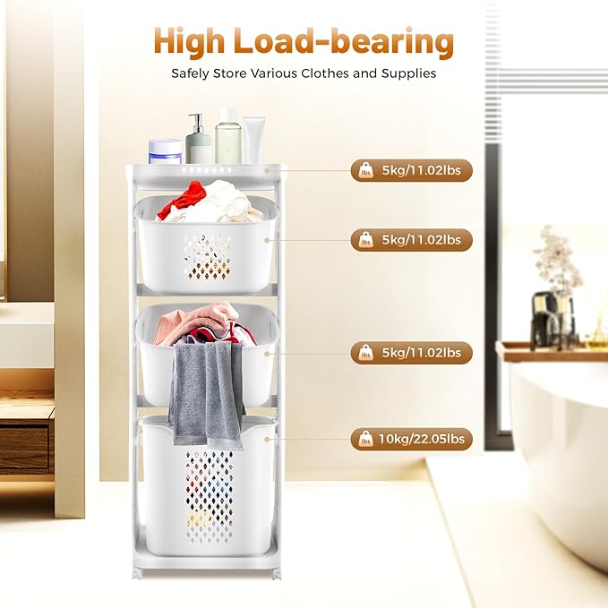 3 Tier stackable Laundry Basket Sorter Portable Rolling Cart Clothes Storage Porous Design With Wheels For Clothes Toiletries Bathrooms Laundry Rooms Bedrooms White