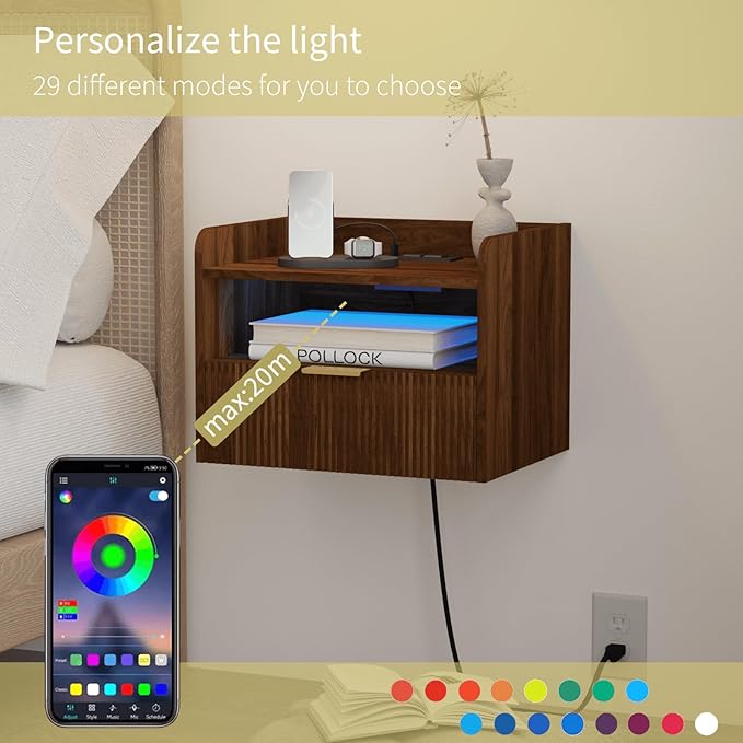 Floating Nightstand with Charging Station and LED Lights (Walnut Brown)
