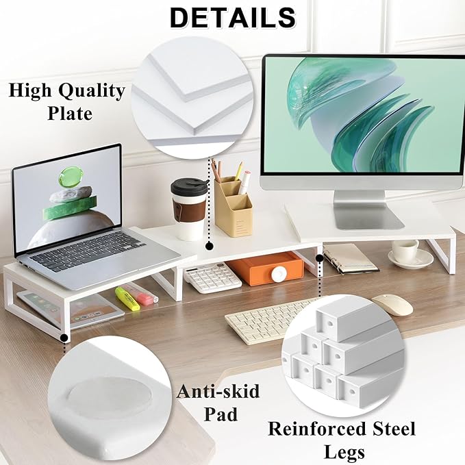TEAMIX Desk Organizer Dual Monitor Stand Riser, Adjustable Computer Stand 45.5'' Long Desktop Shelf Office Organizer for Laptop,Printer,File,Keyboard Storage Ergonomic Design (White)