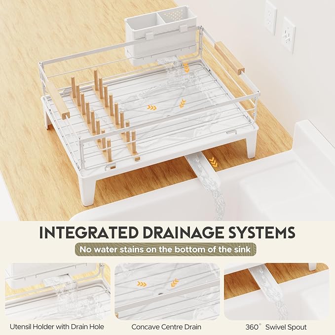 JYPS Dish Drying Rack for Kitchen Counter Decor with Drainboard Auto-Drain，Rustproof Dish Rack Drainers with Utensil Holder, Wooden Handles，360° Rotatable Drainer, Higher Legs (White)