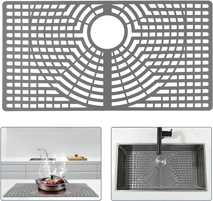 Silicone Sink Protector 30"x16" Rear Drain Hole, Heat Resistant Non-slip Dishwasher Suitable, Large Sink Mat for Bottom of Farmhouse Kitchen Stainless Steel Sinks