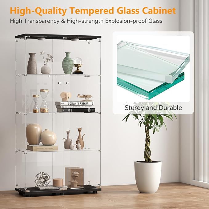 Tempered Glass Display Cabinet with Lights, 4-Tier Curio Cabinet with Glass Doors and Lock, Glass Display Case for Collectibles, for Living Room, Bedroom, Office, Double Door, White
