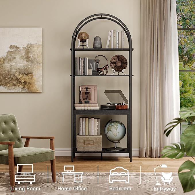 BREEZEHEAT 4-Tier Arched Bookshelf, 72" Tall Bookcase with Storage Shelves, Floor Standing Open Display Storage Shelf with Metal Frame, Large Organizer for Living Room, Home Office, Bedroom, Black