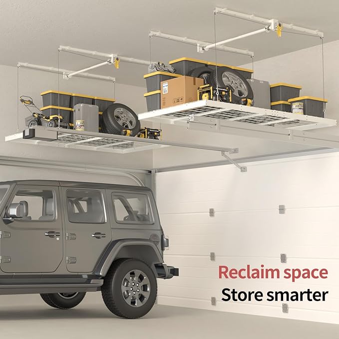 Garage Ceiling Storage Racks, Heavy-duty 4x8 FT Overhead Garage Storage Rack with Safety Lock, Ideal for Ceiling Storage Lifting Organization System, 325lbs Capacity
