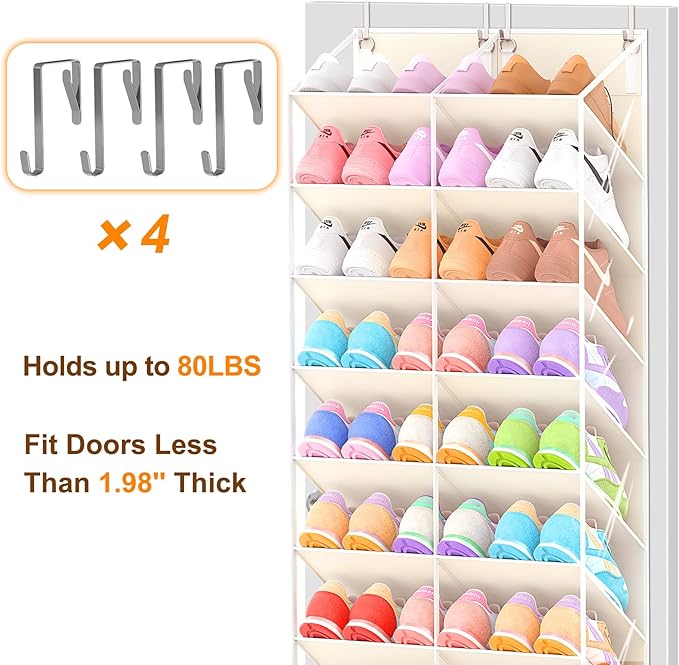 30 Pairs Over the Door Shoe Organizer, Clear Pockets Hanging Shoe Storage for Closet, 10-Tier Door Shoes Rack Storage, Handing Shoes Holder Fit All the Family's Sneakers, Boots, Heels, Beige