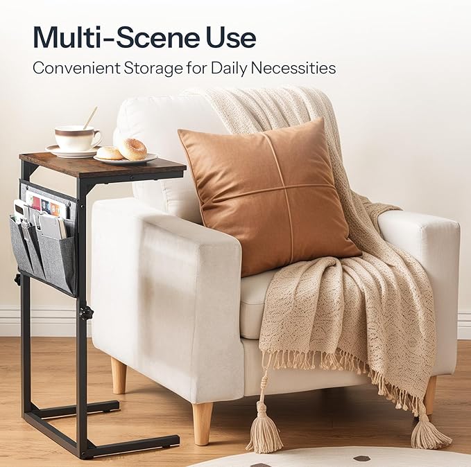 HOOBRO C Shaped End Table, Set of 2, 29.5’’ Adjustable Height Side Table with Storage Pockets, Couch Table Slide Under for Sofa, Small Space, for Living Room, Rustic Brown and Black BF77SFP201