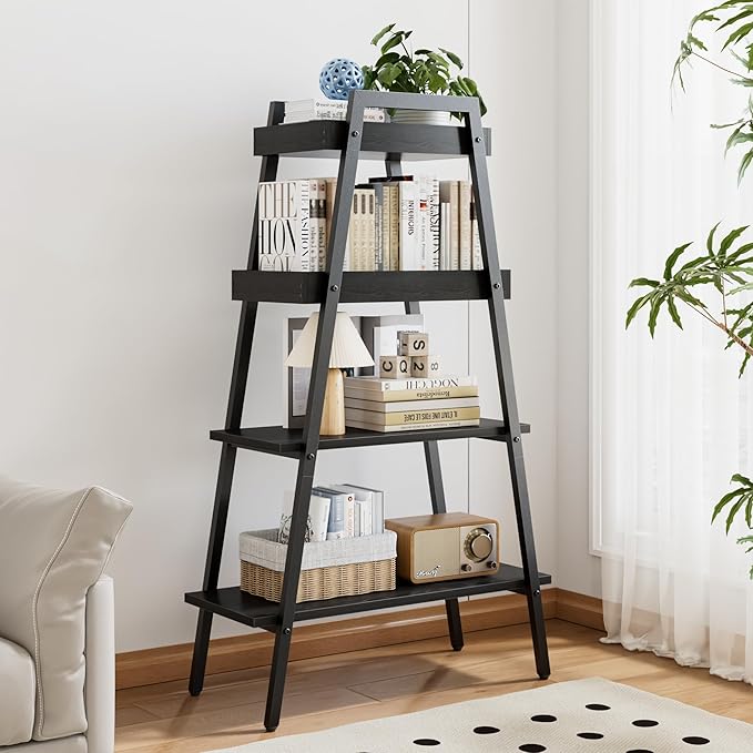 VECELO Ladder Shelf, 4-Tier Bookshelf with Enclosed Edges Design, Wooden Storage Rack Freestanding Bookcase for Living Room Home Office, Black