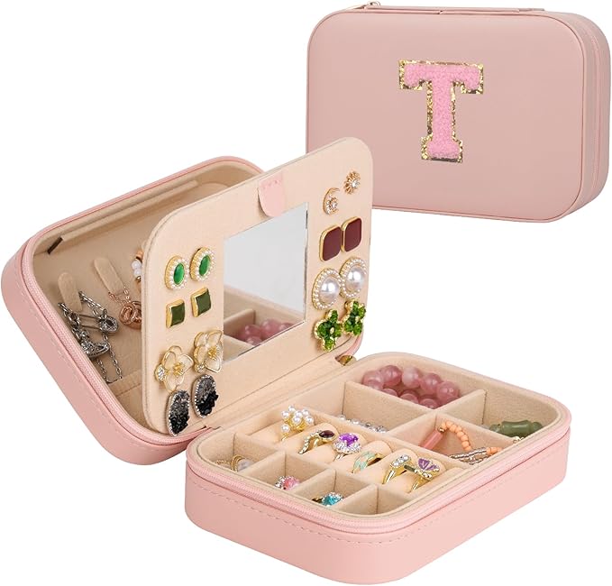 TopPerfekt Travel Jewelry Case, Jewelry Box with Mirror, Jewelry Organizer Bridal Shower Gifts to Her, Earring Storage Travel Case, Trendy Gift for Women and Girls, Girlfriend-Letter T, Pink