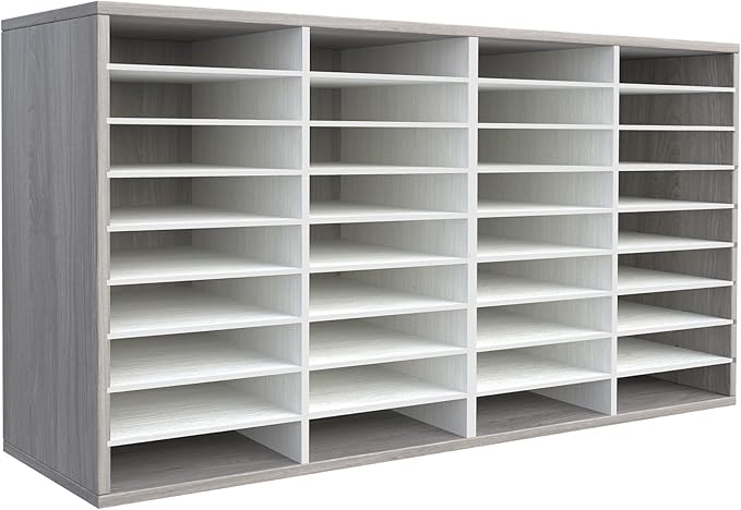TQVAI Literature Organizer, Heavy Duty 36 Compartments Countertop Mail Organizer with Adjustable Shelves, Wooden Desk Paper Storage Organizer, Mailboxes Cubbies for Office, Classroom, Retro Grey/White