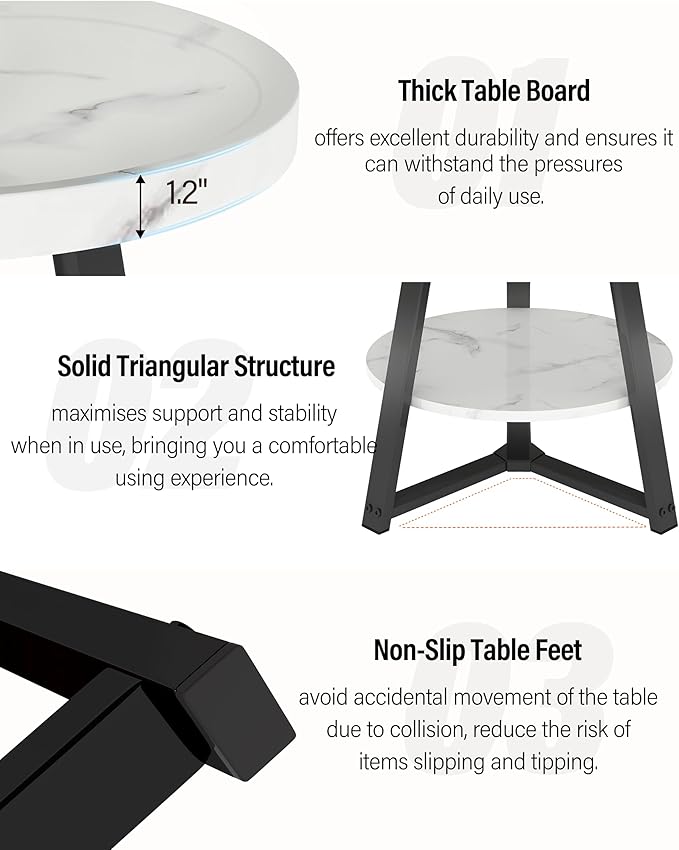 Small Round End Table, 2-Tier Side Table with Storage, Small Round Coffee Table for Living Room, 20'' Living Room Furniture with Sturdy Steel Frame (White Marble)
