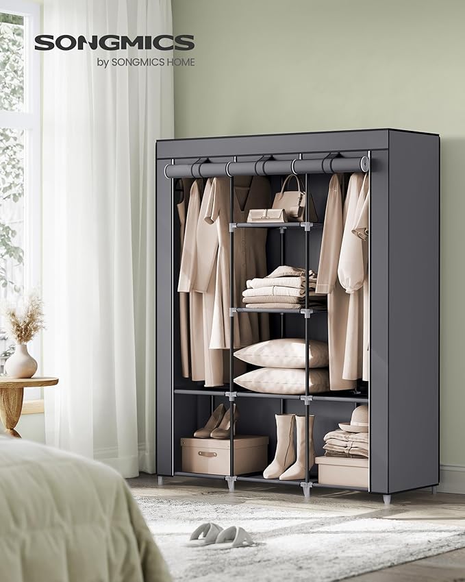 SONGMICS Portable Closet, 51.2 Inch Large Capacity Wardrobe Closet Organizer with Fabric Cover, Hanging Rods and Shelves, 51.2 x 17.7 x 66.1 Inches, for Bedroom, Living Room, Dove Grey URYG096G01