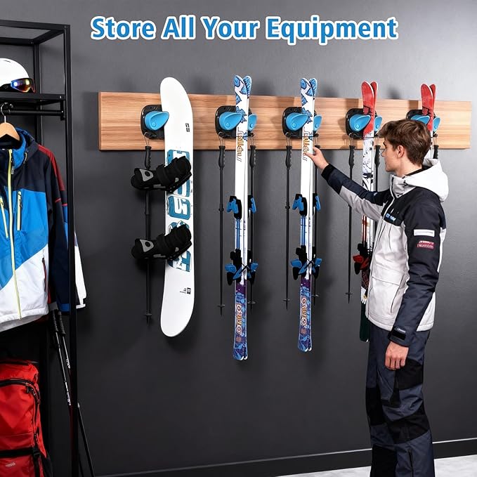 WDZREE Ski & Snowboard Wall Rack for Garage, Fits Any Ski or Board, Ski Wall Mount Garage Organization Holders, Damage-Free Storage Rack, Space-Saving Clamp Winter Gear Organizer, Blue (2 Pack)