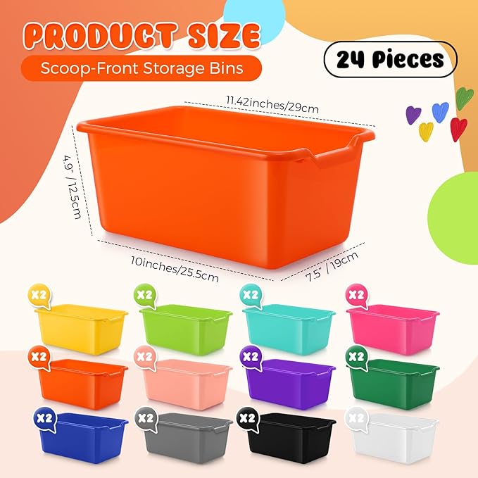 Dandat 24 Pcs Book Bins for Classroom Plastic Cubby Bins Bulk Classroom Storage Baskets Stackable Assorted Colors Toy Storage Containers for Library Home Office School Nursery Playroom