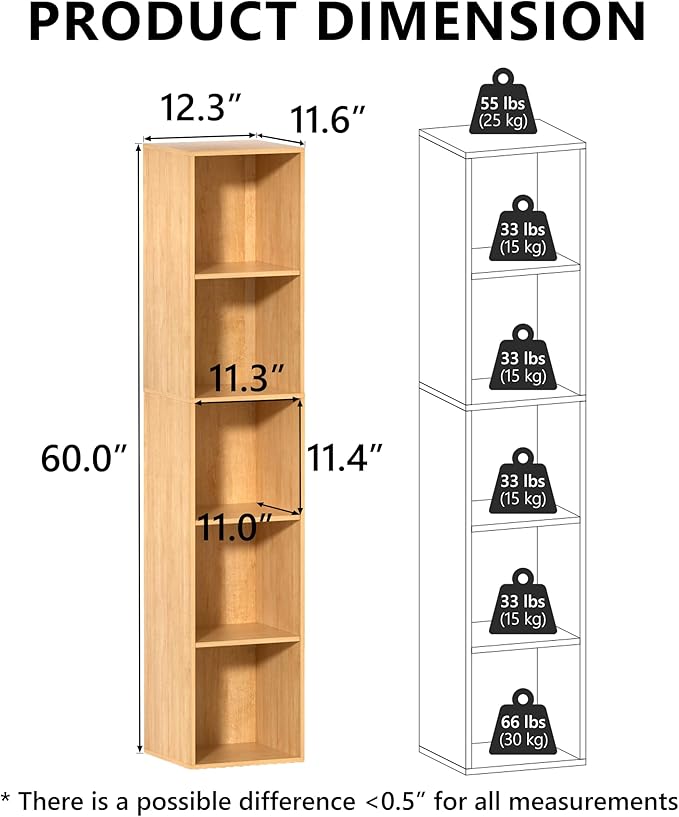 5 Cube Storage Organizer, 5 Tier Vertical Cube Bookcase Freestanding Storage Display Organizer for Home Office, Five Cubes Open Shelf Bookshelf (Oak, 5 Cube)