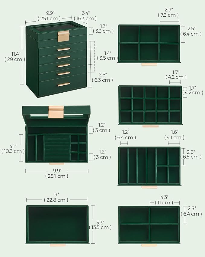 SONGMICS Jewelry Box Organizer with Glass Lid, 6-Layer Jewelry Storage, with 5 Drawers, Modern Style, Christmas Gift, 6.4 x 9.9 x 11.4 Inches, Forest Green and Gold Color UJBC171C01