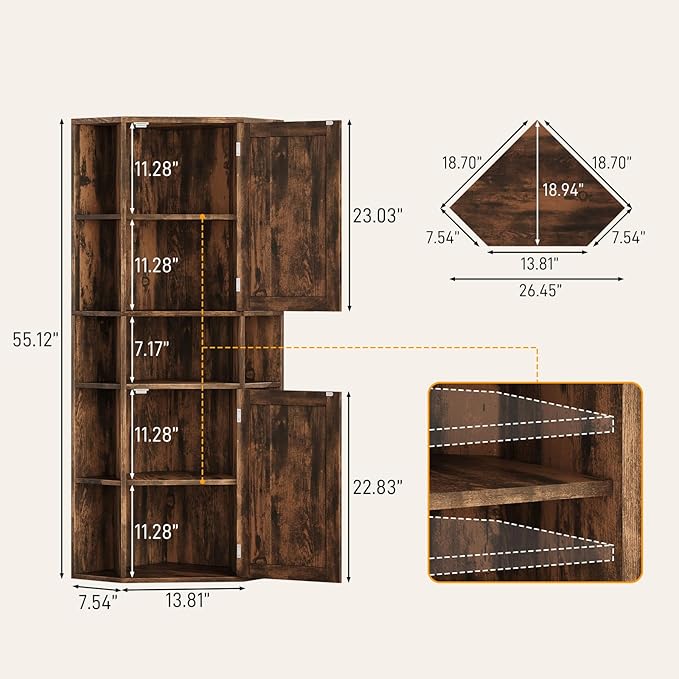 Farmhouse Corner Cabinet with Storage, Tall Corner Storage Cabinet with Adjustable Shelves and Barn Doors Farmhouse Cube Organizer Furniture Bookshelf Cabinets for Bathroom, Living Room (Rustic Brown)