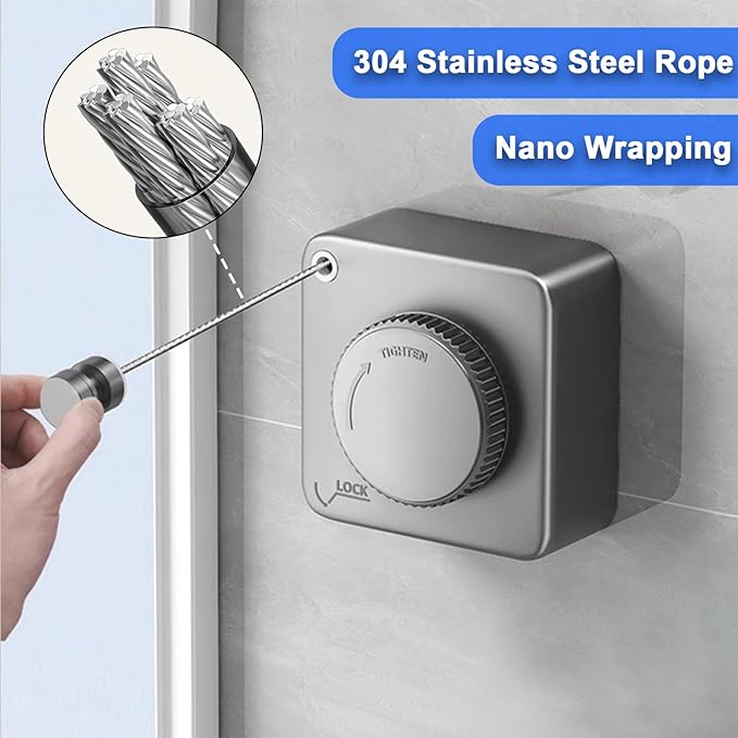 Retractable Clothesline Indoor, Non-Sagging Outdoor Clothes Drying Line Retracting Heavy Duty Clothes Drying Laundry Line Wall Mounted Stainless Steel Line - 15.6 Feet (Square Gray)