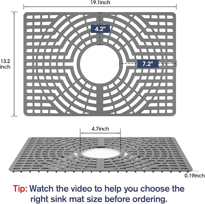 Silicone Sink Protector 19"x13" Center Drain Hole, Heat Resistant Non-slip Dishwasher Suitable, Sink Mat for Bottom of Farmhouse Kitchen Stainless Steel Sinks(Grey)