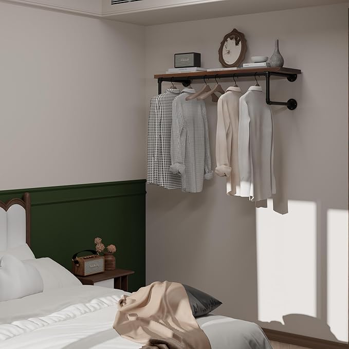 Clothes Rack 36in, Wall Mounted Garment Racks with Real Walnut Wood Shelves, Heavy Duty Hanging Clothes Rack, Multi-Purpose Hanging Rod, Space-Saving Closet Storage
