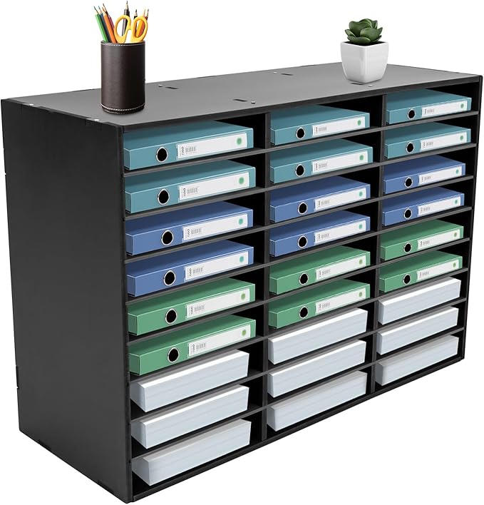 27 Compartments Literature Organizer, Desktop File Sorter Mail Center Paper Storage Cabinet Classroom Mailbox for Files Documents Papers Magazines(White) (Black 27Slots 1)
