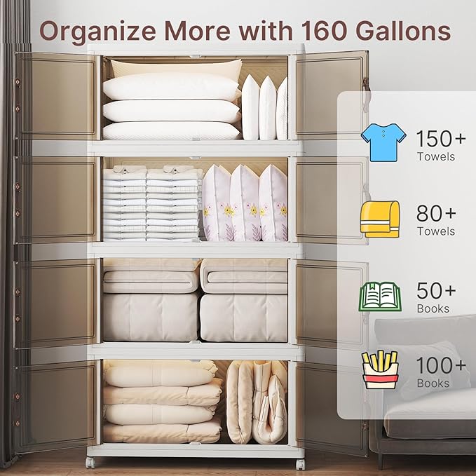 Extra Large Stackable Storage Bins with Lids & Wheels & Door, 660QT-165QT/41GAL*4Pack Foldable Collapsible Closet Organizers, Plastic Containers Drawers for Bedroom Dorm Garage Christmas gift