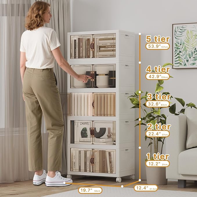 Extra Large Stackable Storage Bins with Lids & Wheels, Foldable Collapsible Closet Organizers Storage Cabinet with Doors for Bedroom Dorm (White, 275QT-55QT/14GAL*5Pack)