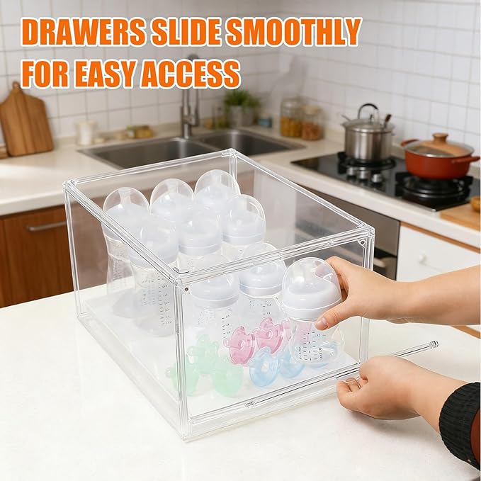 YESGIRL 2 Packs Clear Baby Bottle Organizer,Clear Stackable Acrylic Storage With Drawer for Countertop Cabine Storage Station Case Box Container for Nipples Pump Parts Food Jars