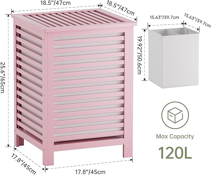 SMIBUY Double Laundry Hamper with Lid, 120L Bamboo Laundry Basket with Removable Liner Bag, 2-Section Clothes Divider Laundry Sorter for Laundry Room, Bathroom, Bedroom (Pink)