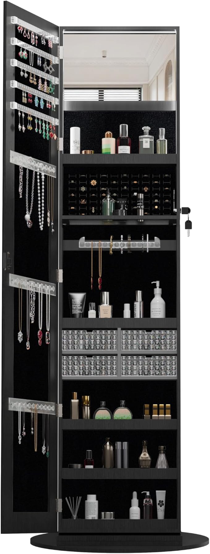 Montary 360° Rotating Jewelry Cabinet with Full-Length Mirror - Freestanding Jewelry Armoire with Lockable Storage, Built-In Lighted Mirror & Back Display Shelves, Black