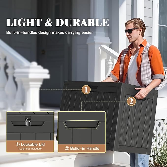 Outdoor Storage Box - Lockable Waterproof UV-Resistant Resin Deck Box for Patio Cushions, Garden Tools, Pool Accessories, Black/Grey, 45/180 Gallon (Black, 45 Gallon)