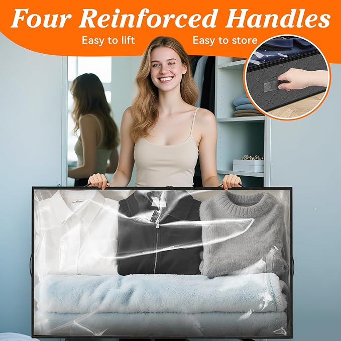 SpaceWhisper 90L Under Bed Storage Containers, 2-Pack Storage Bins with Clear Top, Foldable Closet Organizers and Storage with Label Holder for Clothing, Blankets, Comforter & Pillows (Grey)