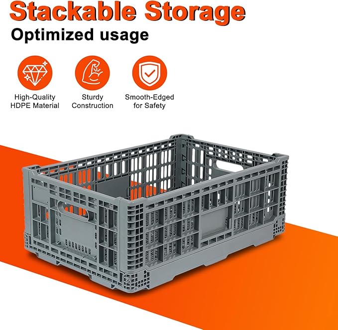 Collapsible Milk Crates for Storage, 52L Storage Crates, Heavy Duty Milk Crate, Plastic Storage Bins Containers for Organizing, Grocery & Camping (1 pack)(23.64" W x 15.76" L x 8.67" H)