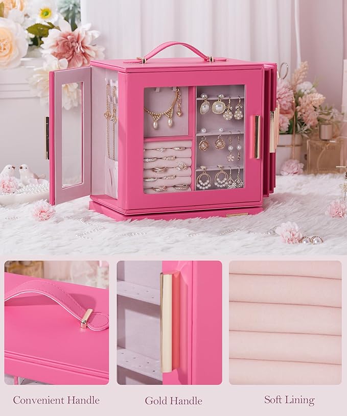 Homde Christmas Gifts Jewelry Box 360° Rotating, Necklace Earring Organizer with Transparent Window, Mirror, 7 Drawers, Large Ring Display Storage Case for Girls Women (Pink)
