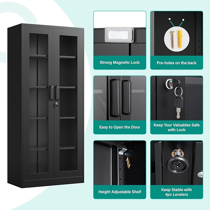 SISESOL Metal Storage Cabinet with Lock and Glass Doors,Glass Display Cabinet,67" Tall Black Storage Cabinets,Locking Curio Cabinets with 5 Shelves for Collectibles,Home,Office,Living Room