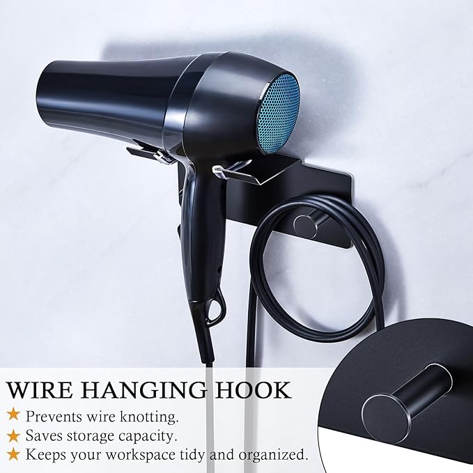 Hair Dryer Holder Wall Mounted, Blow Dryer Holder, Adhesive Hairdryer Holder for Bathroom, Hair Tool Organizer Hair Dryer Hanger, Blowdryer Holder for Wall, Hair Dryer Hook with Cord Storage (Black)