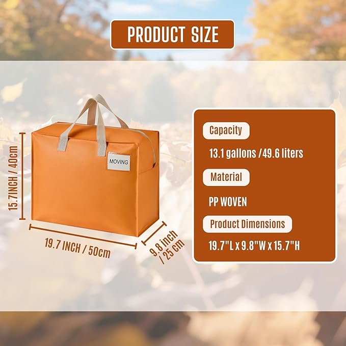 VENO 4 Pack Heavy Duty Moving Bags, Storage Bags, Packing Supplies, Top Zipper, Storage Totes for Camping, Clothes, Bedding, Comforters, Pillows (13 Gallon, Seasonal Autumn Orange, 4 Pack)
