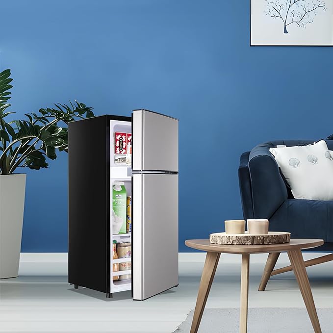 Tiny Personal Capacity Silver Refrigerator with Freezer Double Door Mini Fridge Small Apartment Refrigerator with 7 Adjustable Temp Control