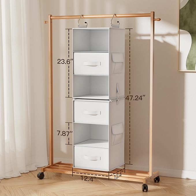 Pipishell 6-Shelf Hanging Closet Organizer, Hanging Shelves with 2 Separable 3-Tier Shelves, Closet Shelves Organizer with 3 Removable Drawers for Bedroom, Dorm Room, Camper and Nursery (White)