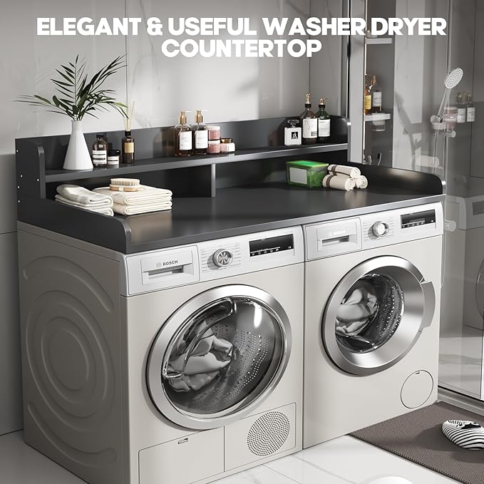 2-Tier Washer and Dryer Countertop with 2.75" H Guard,58" W x 28" D Laundry Countertop Cover with Non-Slip Pad,Large Space Laundry Topper for Folding Clothes Over Washer and Dryer-Black