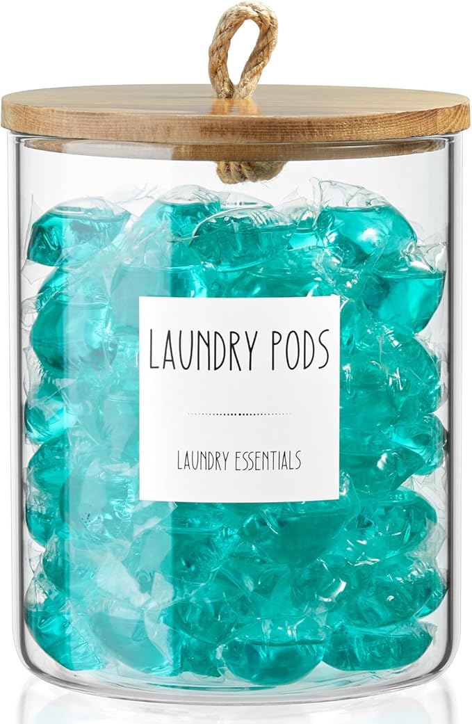 Glass Laundry Pods Container, 0.5 Gallon 2 Liter Laundry Jars with Burnt Wood Lids for Laundry Room Organization and Storage, Powder Detergent Holder for Laundry Room Decor and Accessories