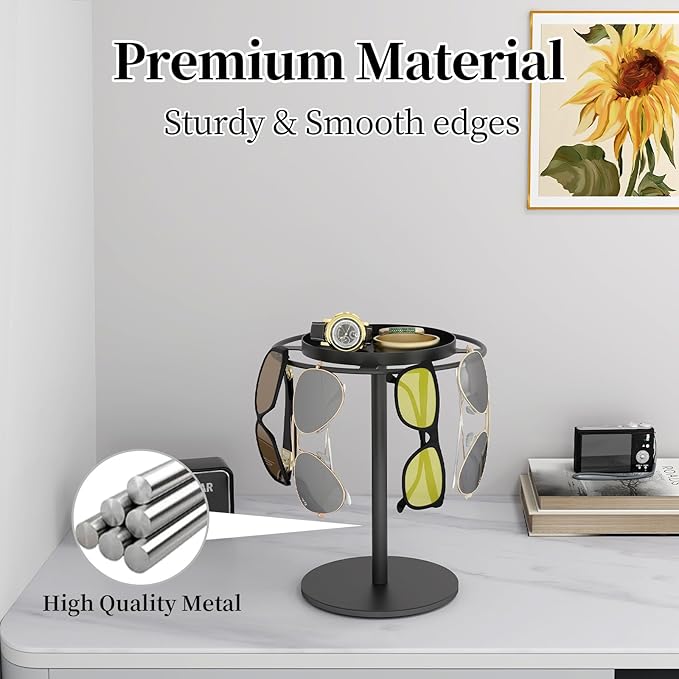 LSK Metal Sunglasses Organizer, Glasses Holder Stand with Storgae Tray, Eyeglasses Holder with Anti-Slip Pads for Tabletop, Desk, Dresser, Matte Black