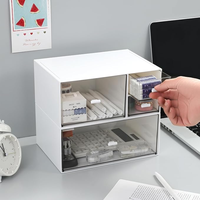Desk Organizer with 4 Drawers, Makeup Organizer, Desktop Storage Box, Cosmetics Storage Box for nail polish, Lipstick, Brushes, Jewelry, Skincare, Bathroom Organization Boxes(White)